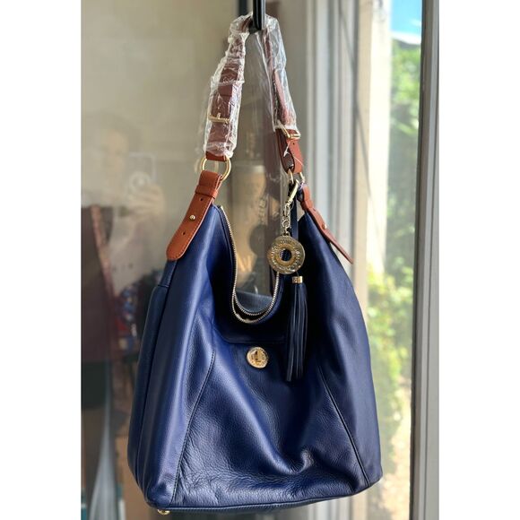 NWOT Isaac Mizrahi Bridgehampton Blu Pebbl Leather Hobo Bag Approx 22" 15"x13.5" - Picture 1 of 14